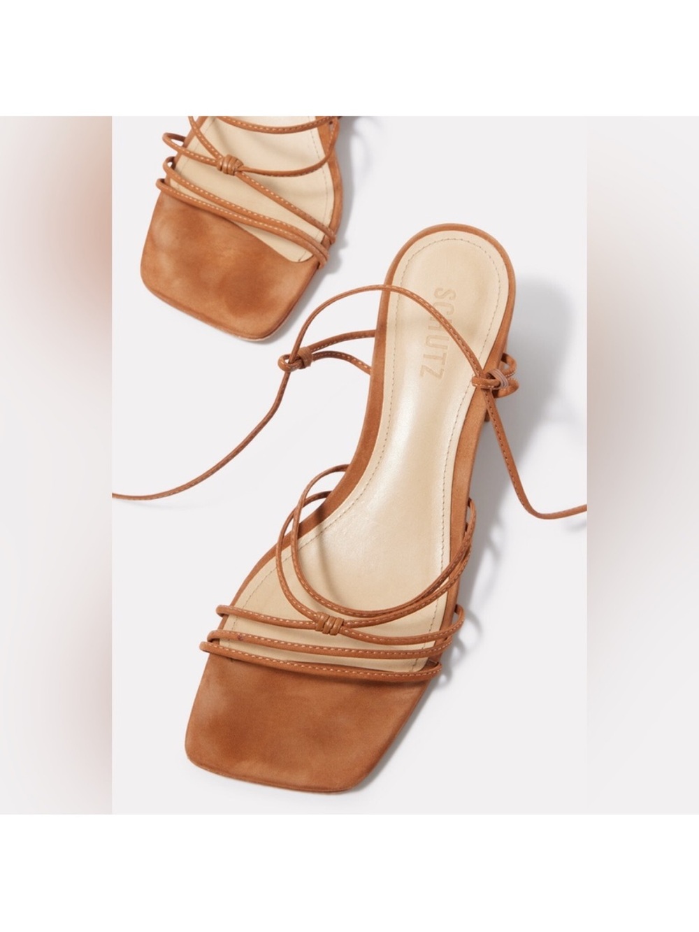 Schutz Tan Strappy Square-Toe Athena Block Heel Sandal